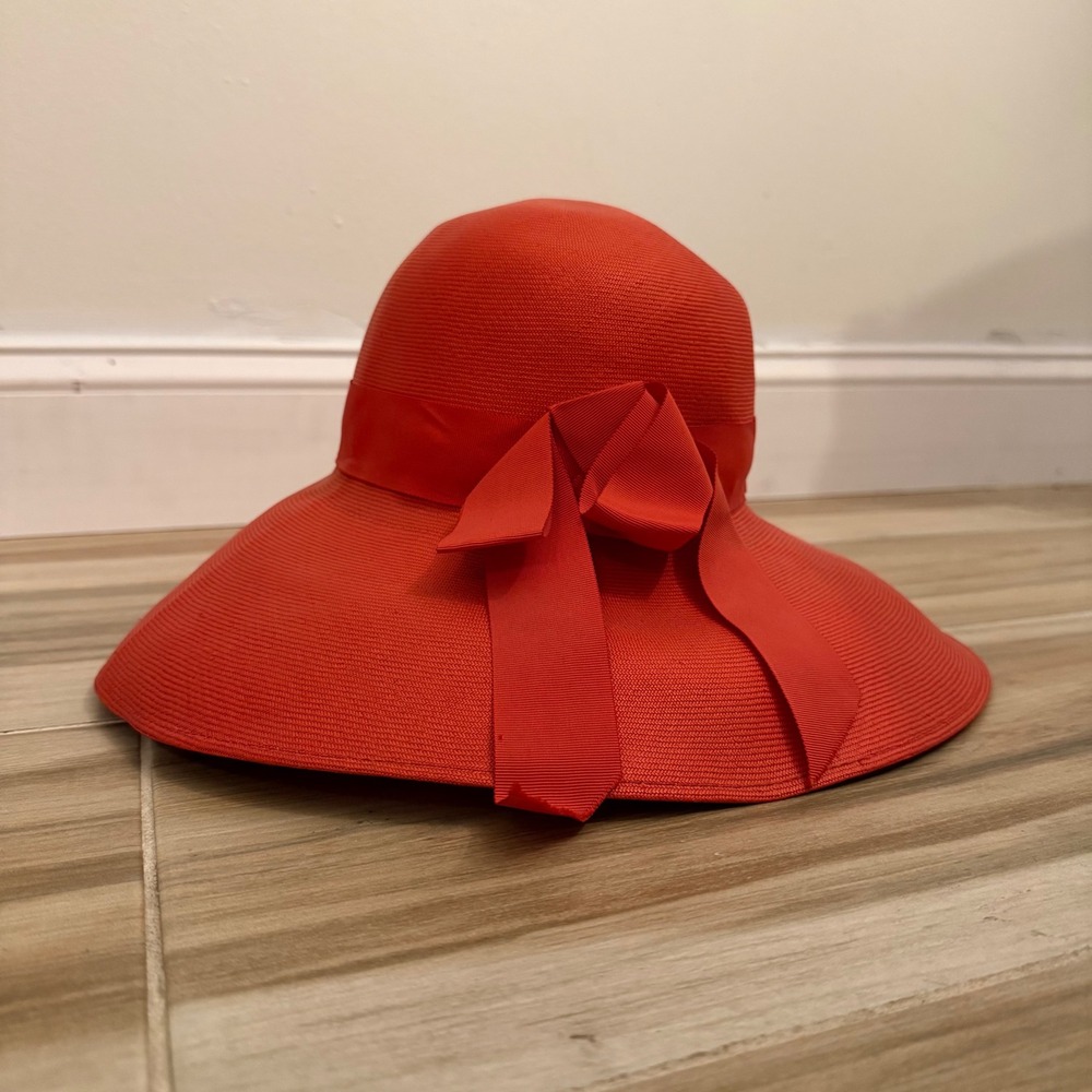Vintage Frank Olive NY Red Straw Sun Hat Wide Brim Bow Statement 1980s